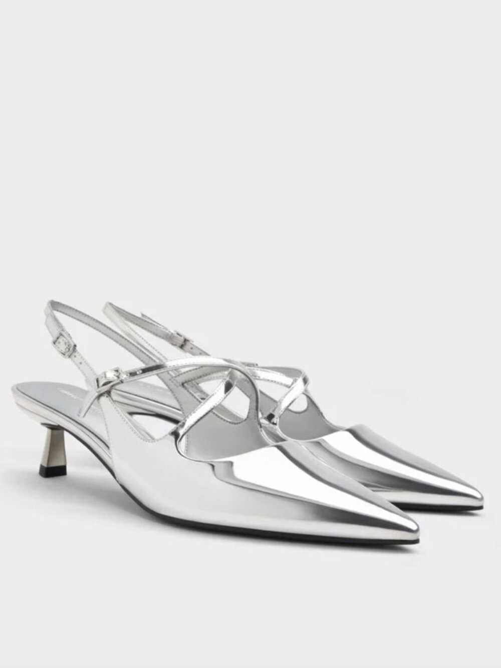 Pauline Metallic Crossover Kitten Heels - Silver